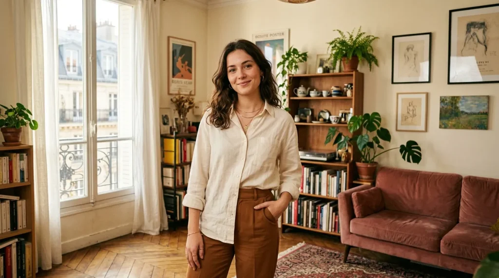 Jeune femme souriante dans un intérieur élégant et lumineux