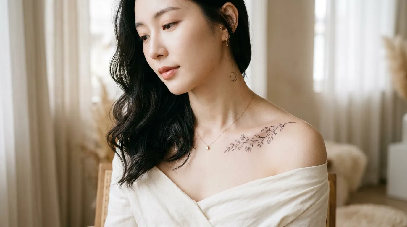 Femme portant robe blanche avec tatouage branche sur l'épaule