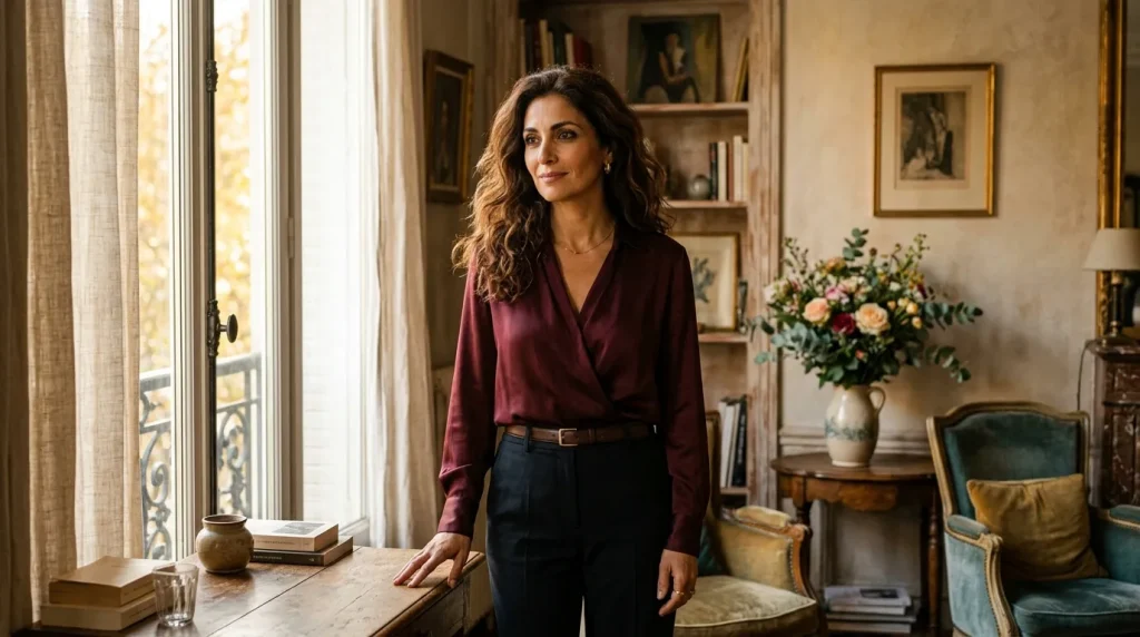 Femme en blouse bordeaux dans un salon classique lumineux