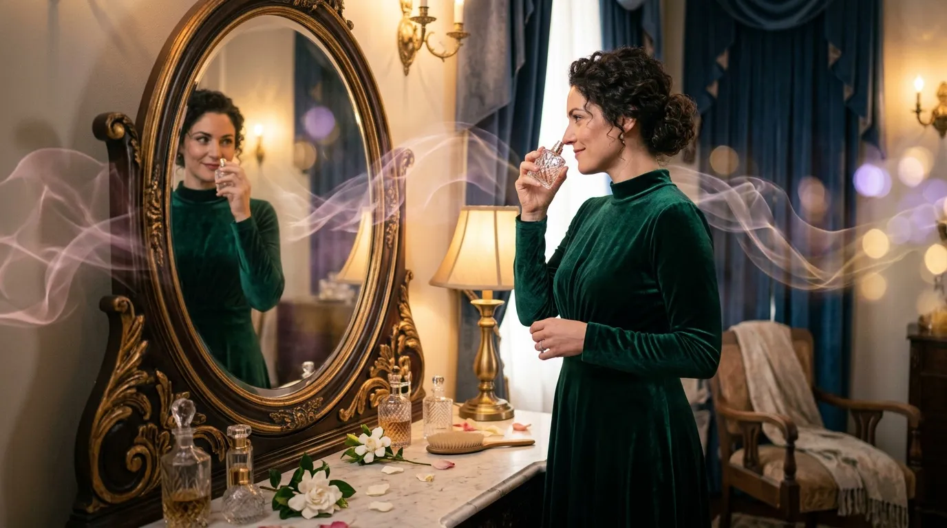 Femme en robe verte se parfumant face à un miroir baroque orné.