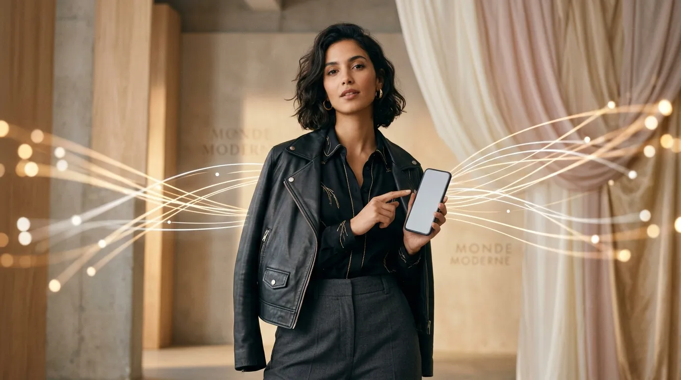 Femme en veste noire tenant un téléphone avec effets lumineux numériques