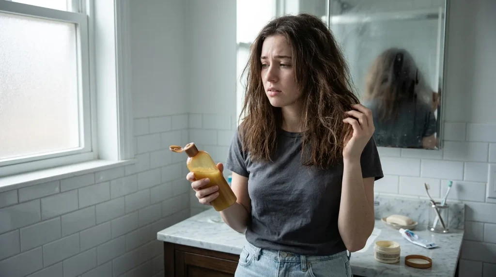 Femme en salle de bain tenant produit capillaire, cheveux endommagés
