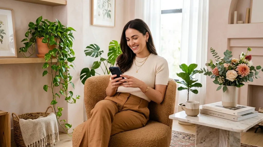 Femme souriante utilisant son téléphone dans un intérieur végétal