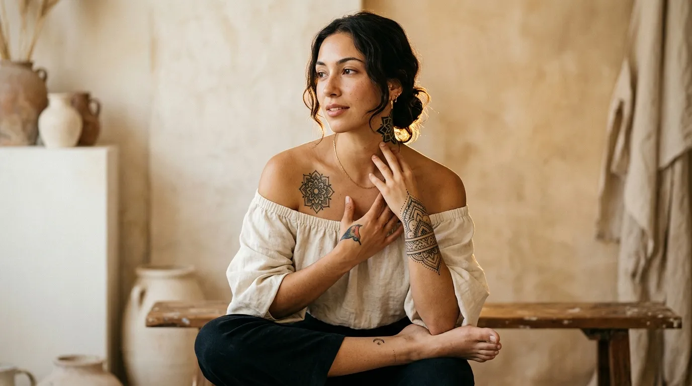 Femme avec tattoos assise sur banc en bois, vêtue style bohème