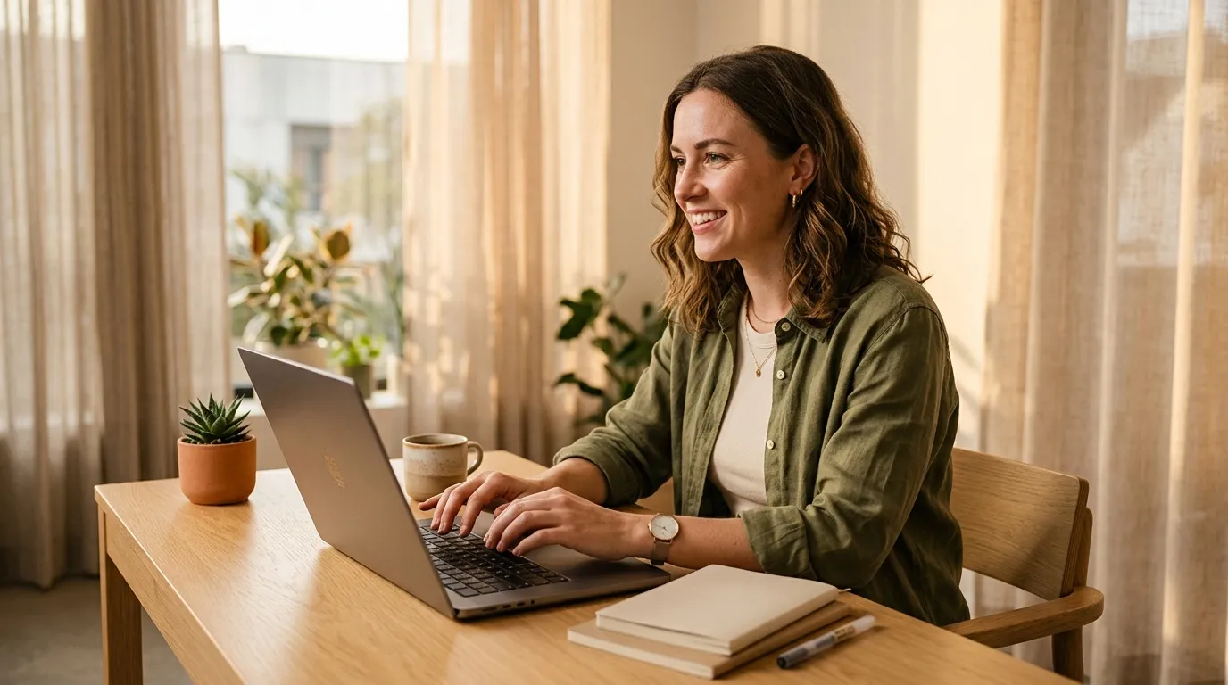 Femme souriante travaillant sur laptop près d'une fenêtre