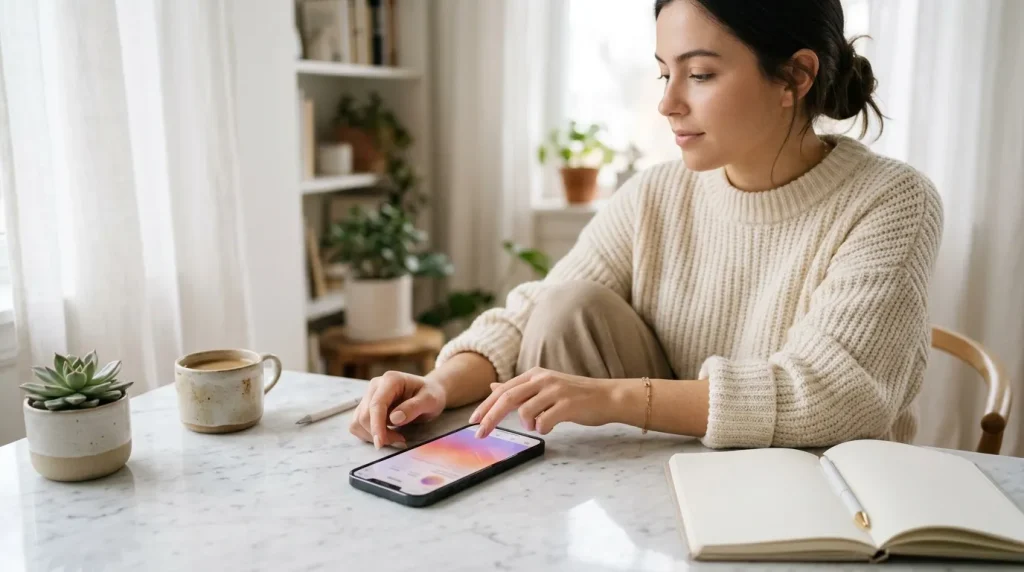 Femme en pull beige utilisant son téléphone à son bureau