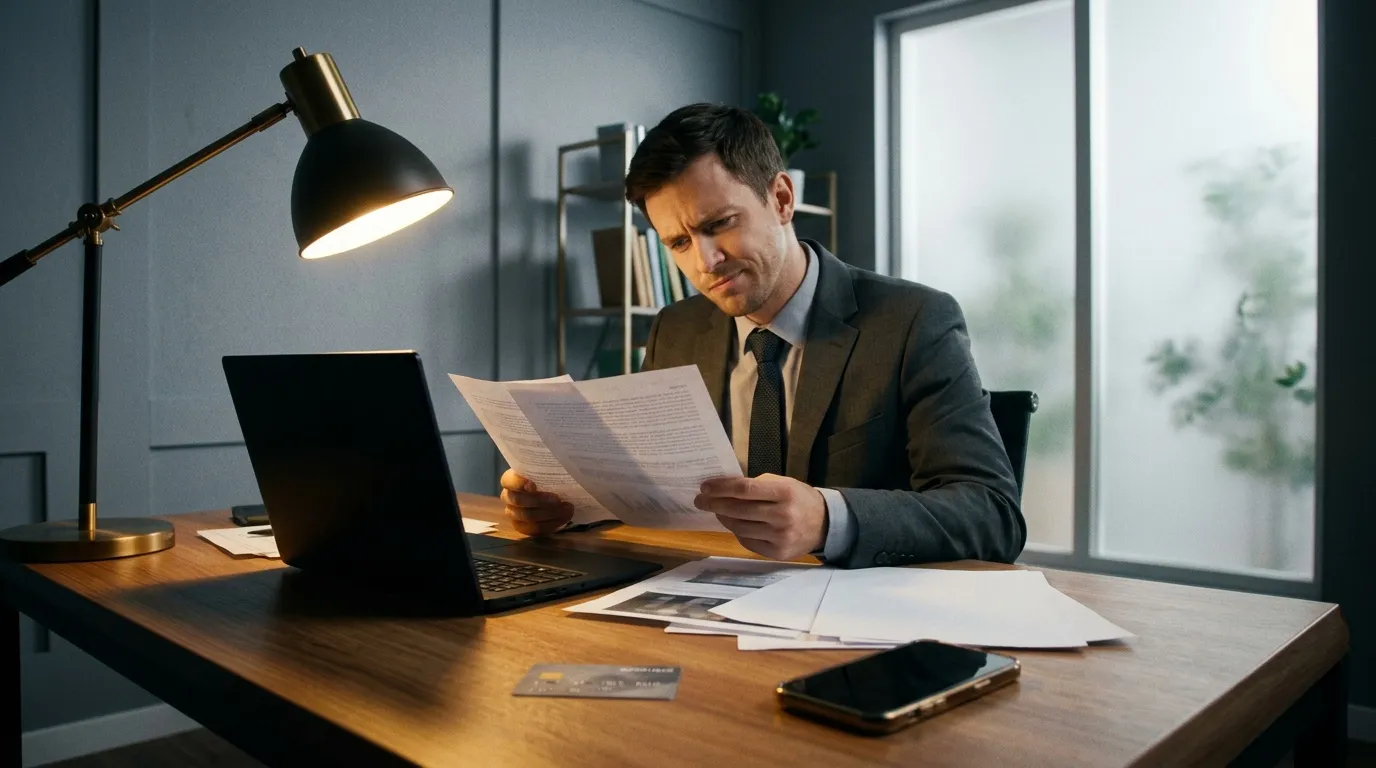 Homme en costume examinant des papiers au bureau avec ordinateur portable