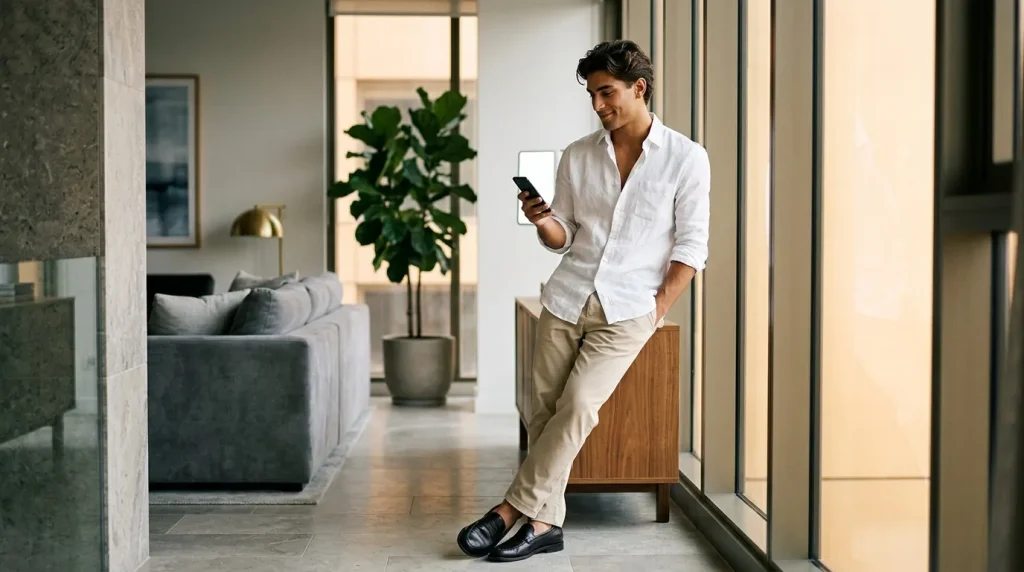 Homme en chemise blanche vérifie son téléphone dans un intérieur moderne