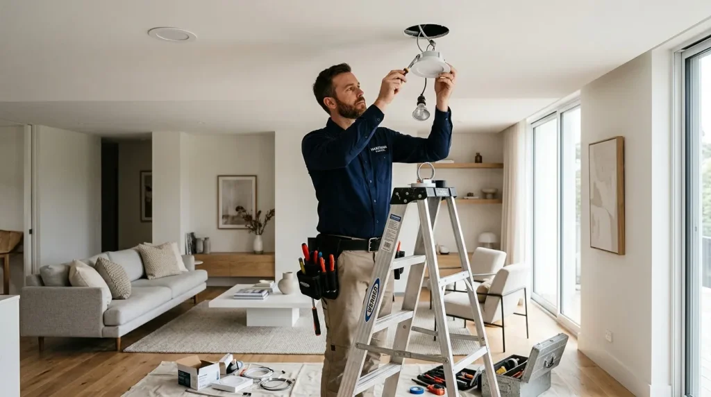 Electricien installe un lustre moderne dans un salon contemporain