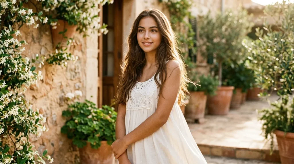 Femme en robe blanche souriante dans allée fleurie