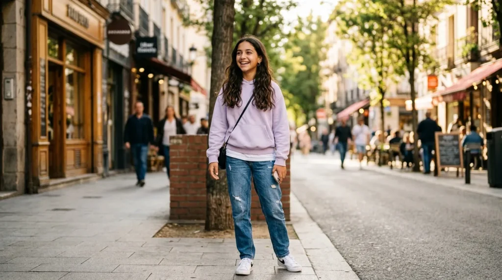 Femme en sweat lilas et jeans marche souriante en ville
