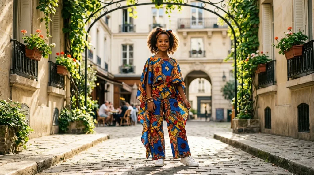 Jeune fille souriante en tenue colorée dans une cour parisienne