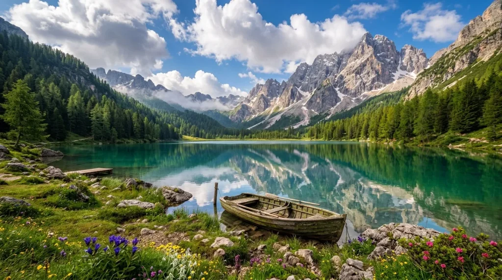 Bateau bois sur lac turquoise entouré de montagnes rocheuses
