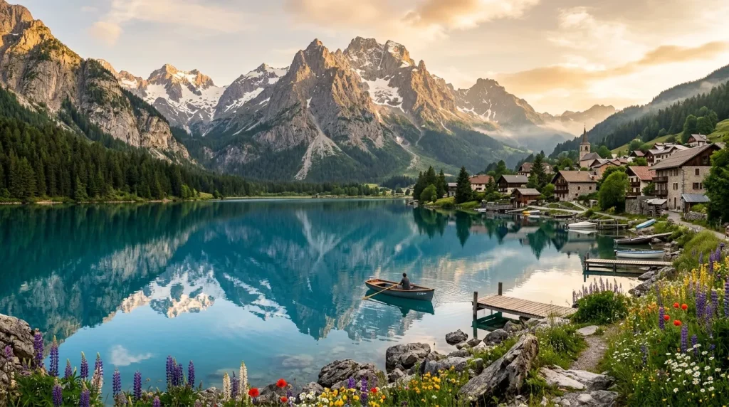 Lac turquoise entouré de montagnes enneigées et village alpin