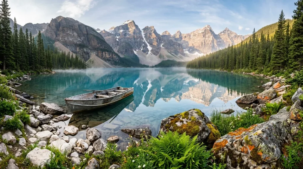 Barque sur lac turquoise entouré de montagnes enneigées et forêts