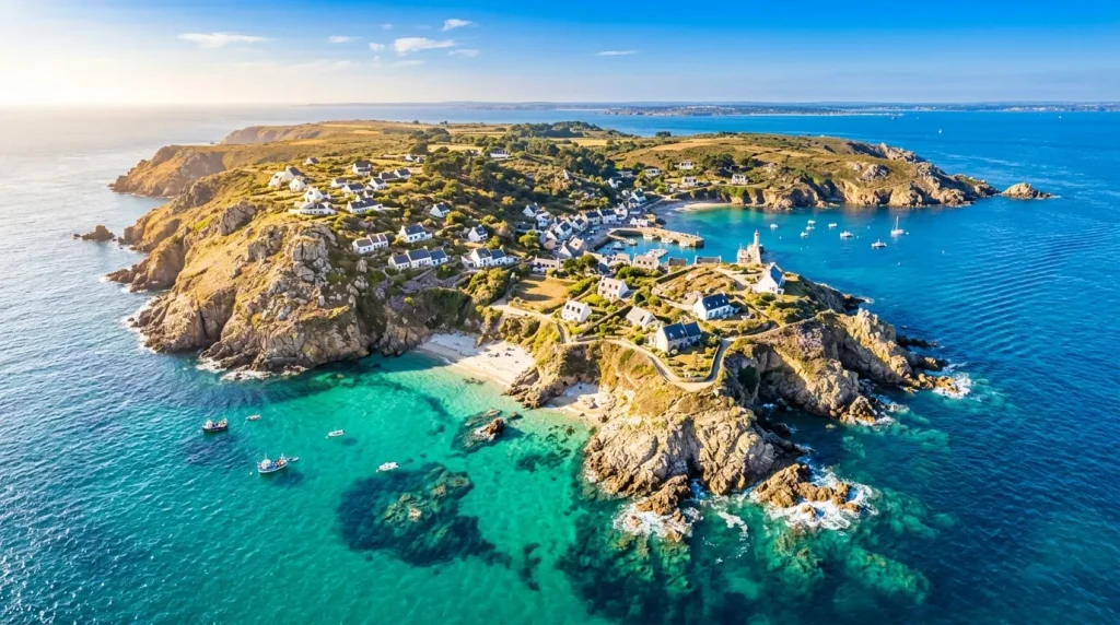 Île rocheuse avec maisons blanches et eaux turquoise cristallines