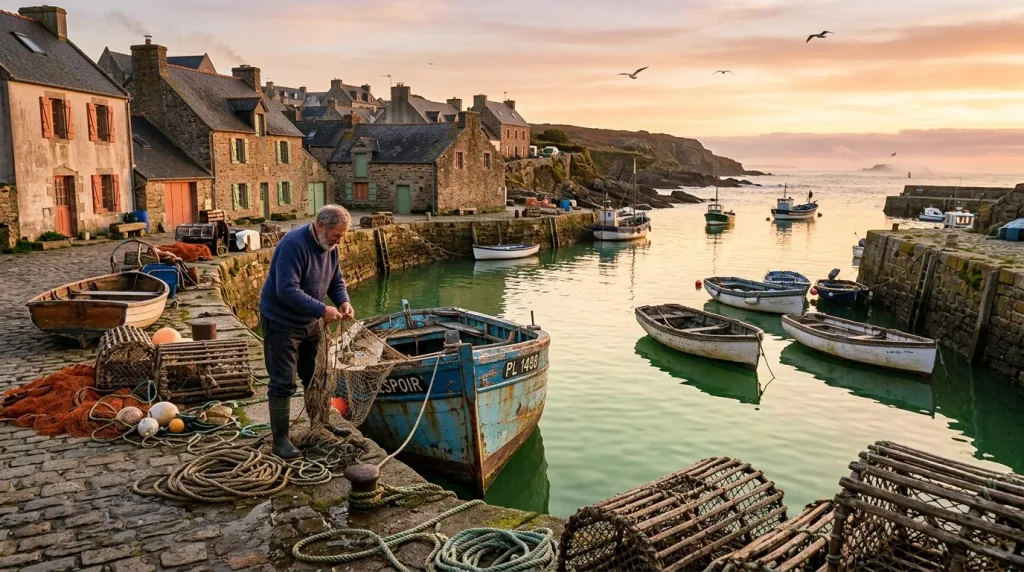 Pêcheur breton travaillant au port avec bateaux amarrés