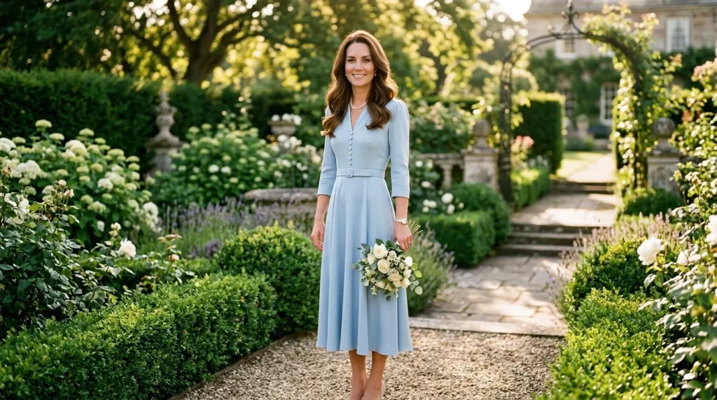 Femme en robe bleue tenant un bouquet dans un jardin