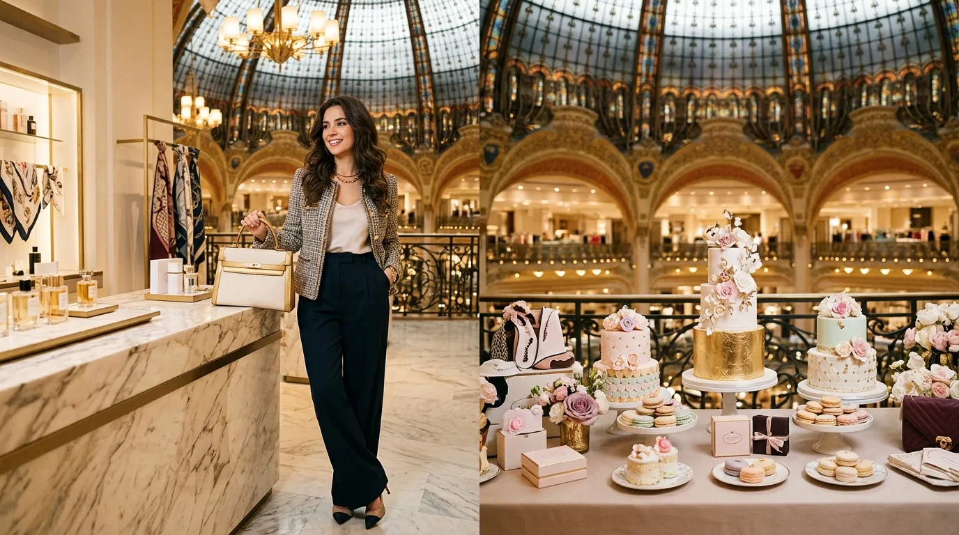 Femme élégante dans galerie marchande luxueuse avec pâtisseries raffinées