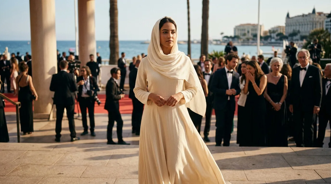 Femme en robe blanche crème au festival de Cannes