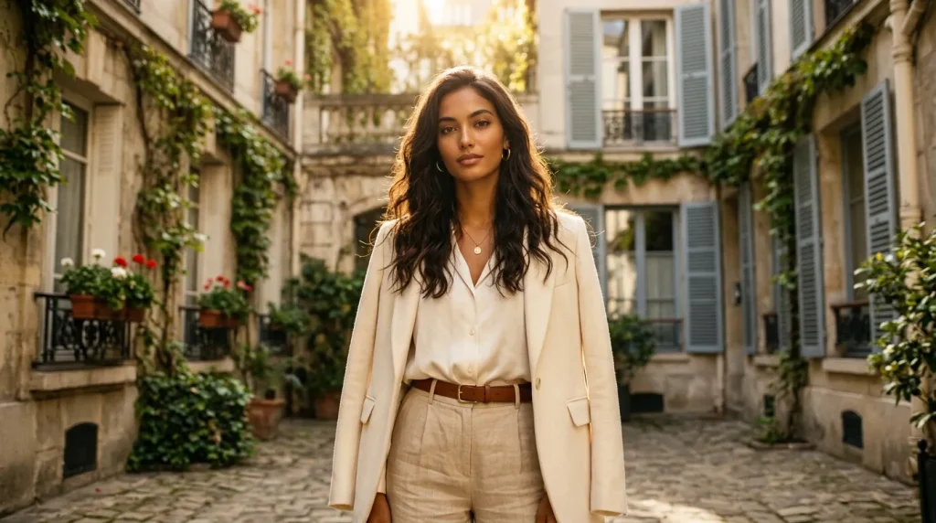 Femme en tenue beige dans une cour parisienne avec ivy