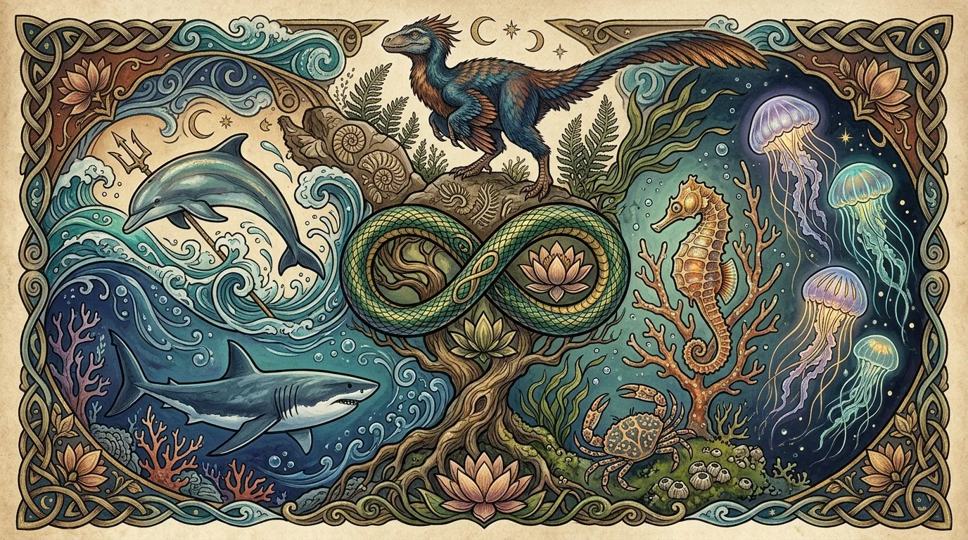 Illustration fantastique mélange créatures marines, terrestres et aériennes