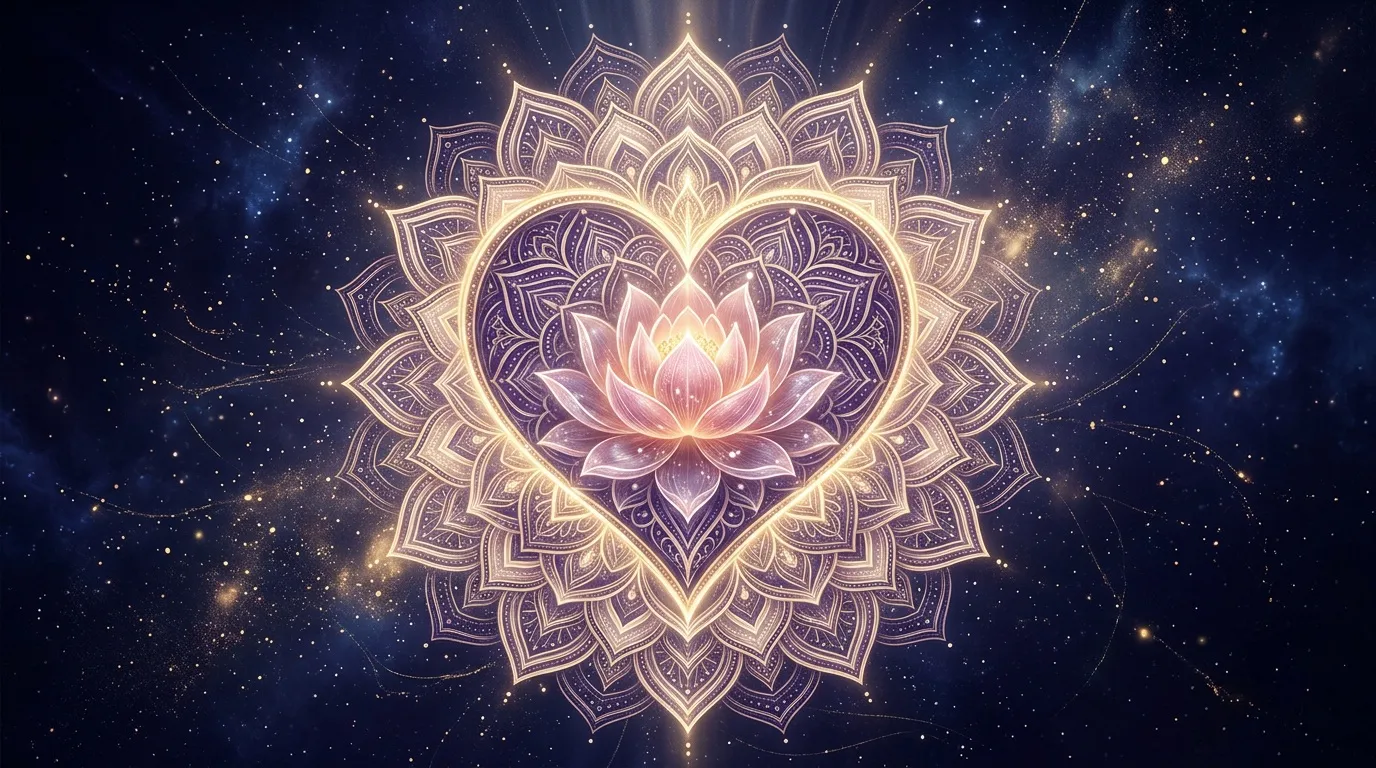 Mandala lumineux avec lotus rose au centre sur fond étoilé