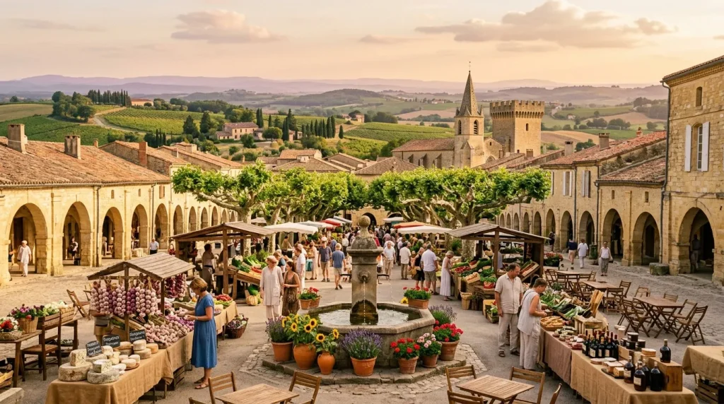 Place historique avec marché, fontaine, église et paysage toscan