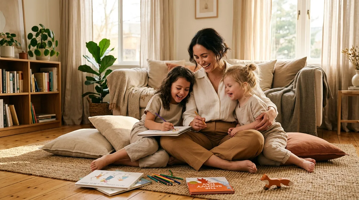 Femme avec deux enfants lisant un livre sur un tapis