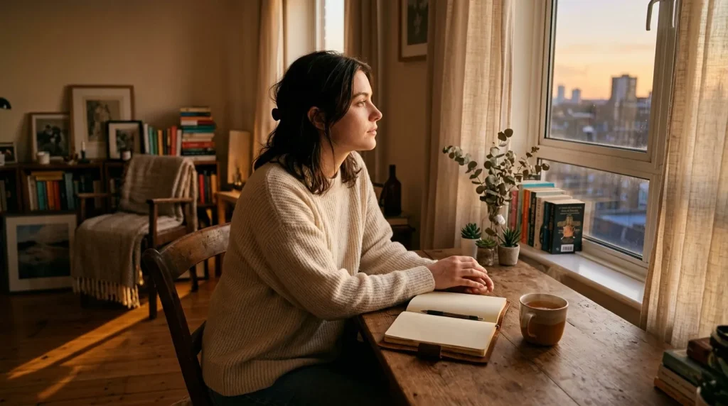 Femme regardant par la fenêtre avec un livre et du café