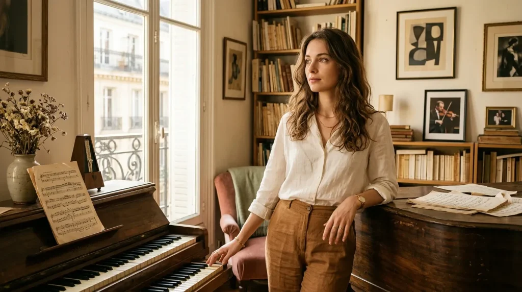 Femme élégante posant près d'un piano dans un studio musical