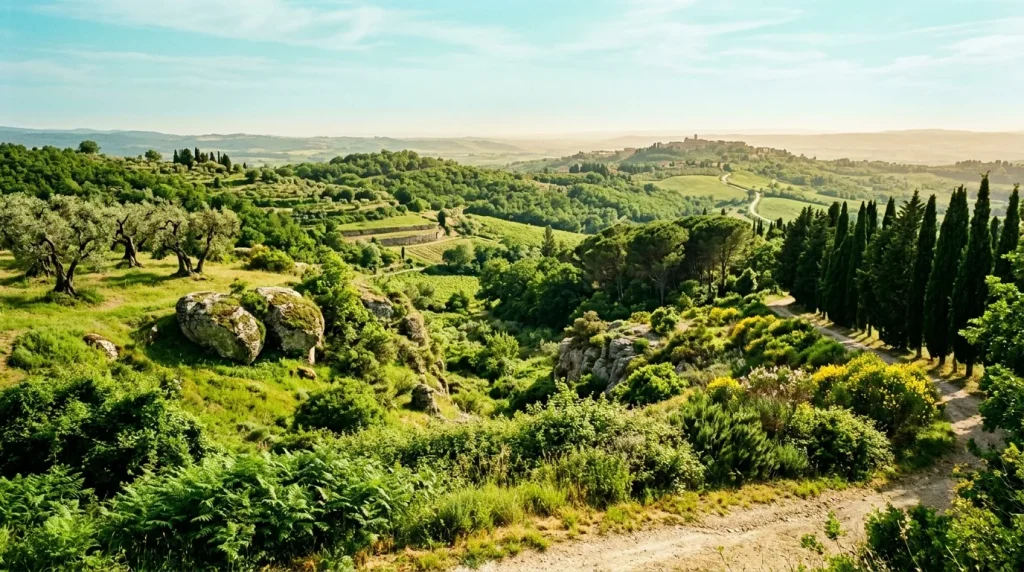 Vallée toscane verdoyante avec cyprès, oliviers et village médiéval.