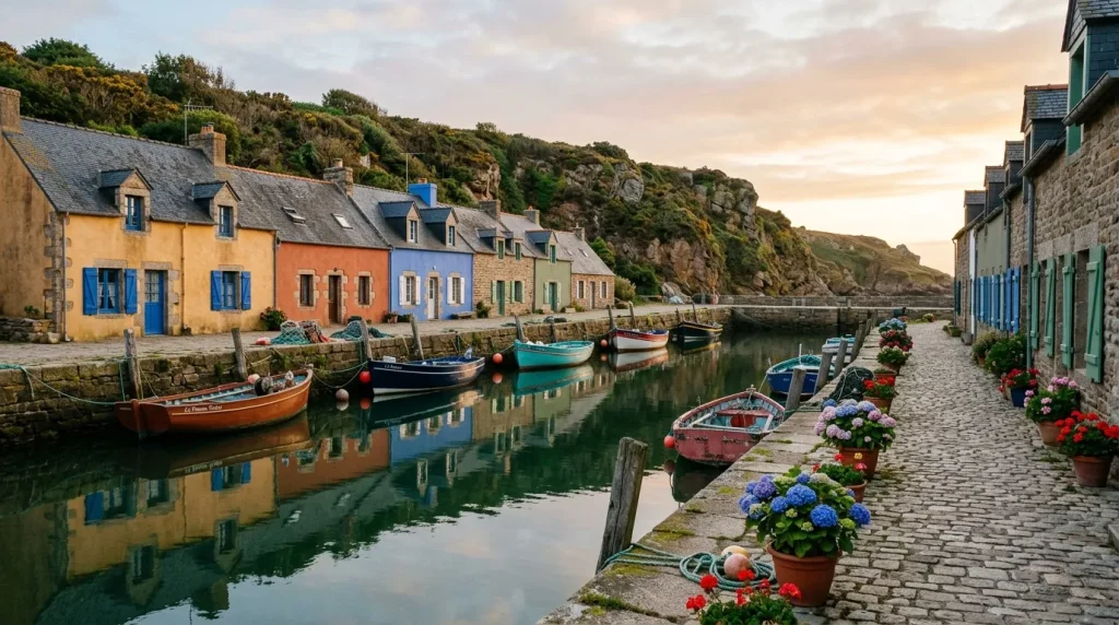 Village côtier français avec maisons colorées et bateaux de pêche