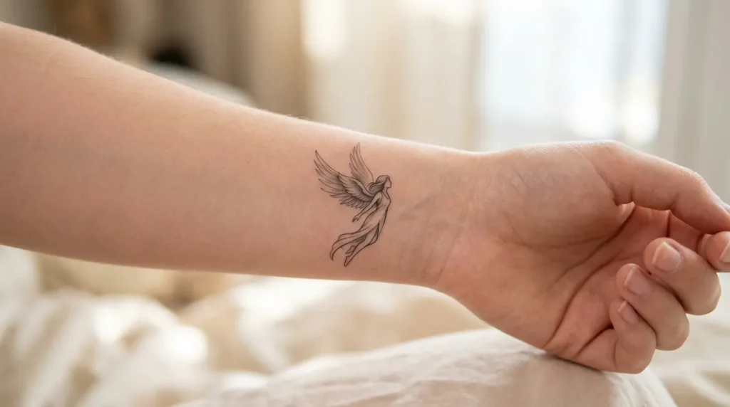 Tatouage d'un ange aux ailes sur le poignet d'une personne
