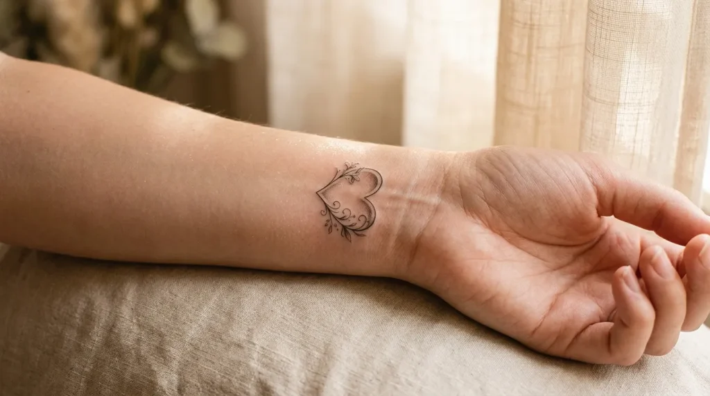 Tatouage discret en forme de cœur avec feuilles sur poignet