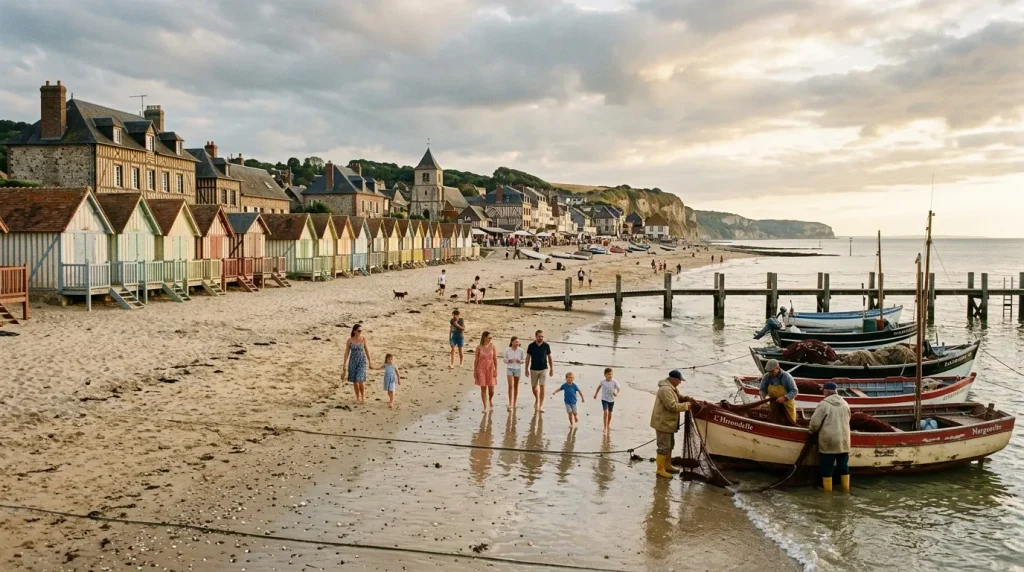 Plage avec cabines de bain colorées, bateaux de pêche et falaises