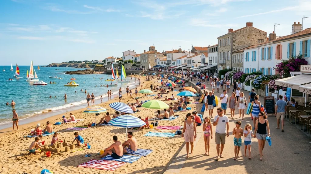 Plage bondée avec parasols, baigneurs et voiliers colorés