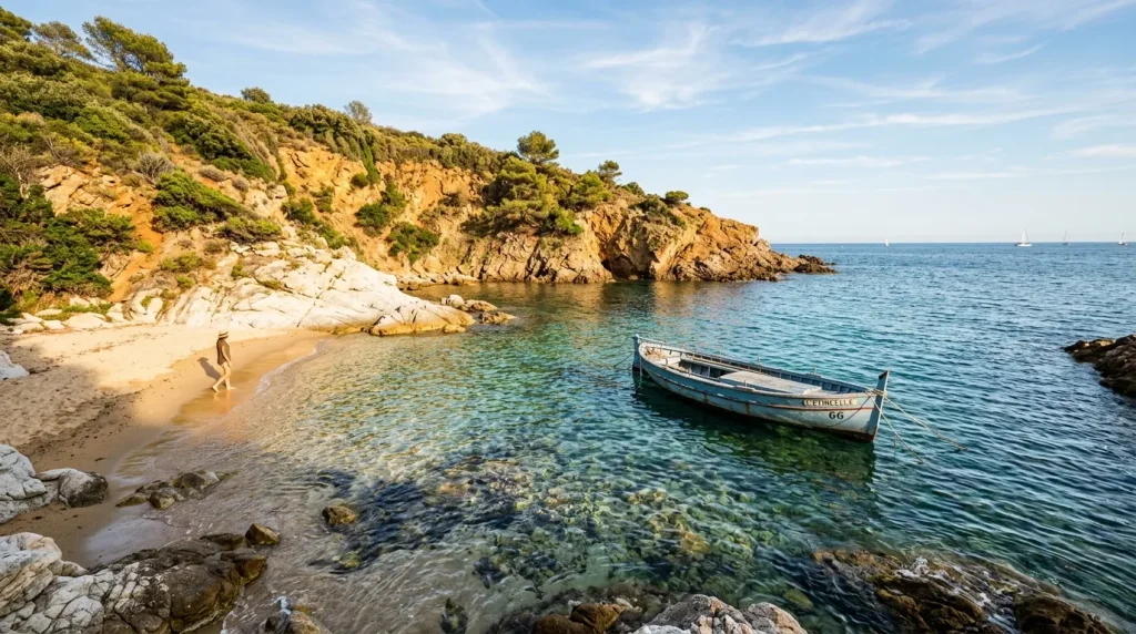 Bateau de pêche ancré dans une petite baie méditerranéenne.