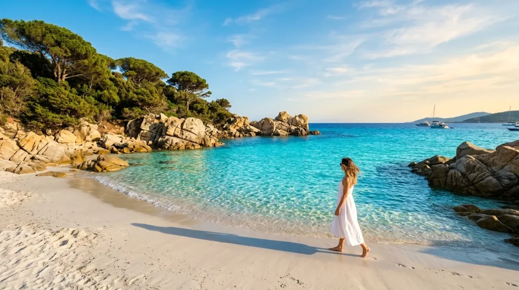 Femme en robe blanche marchant sur plage turquoise