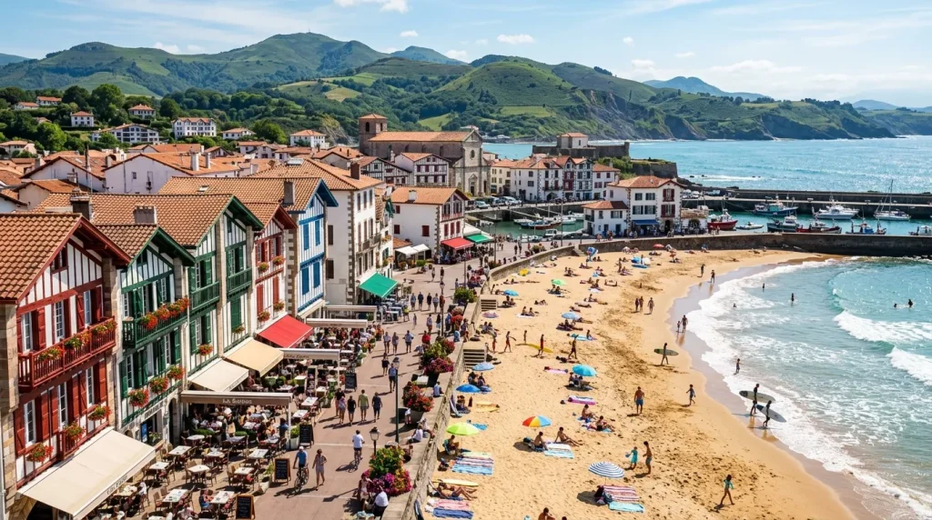 Village côtier basque avec plage, maisons colorées et port de pêche