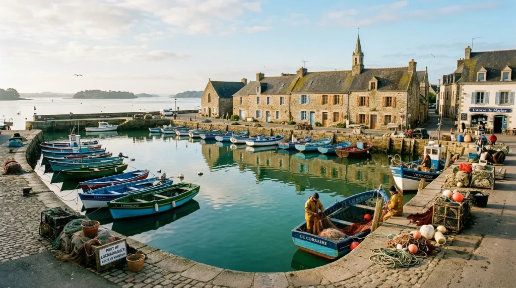 Petit port côtier français avec bateaux de pêche bleus amarrés