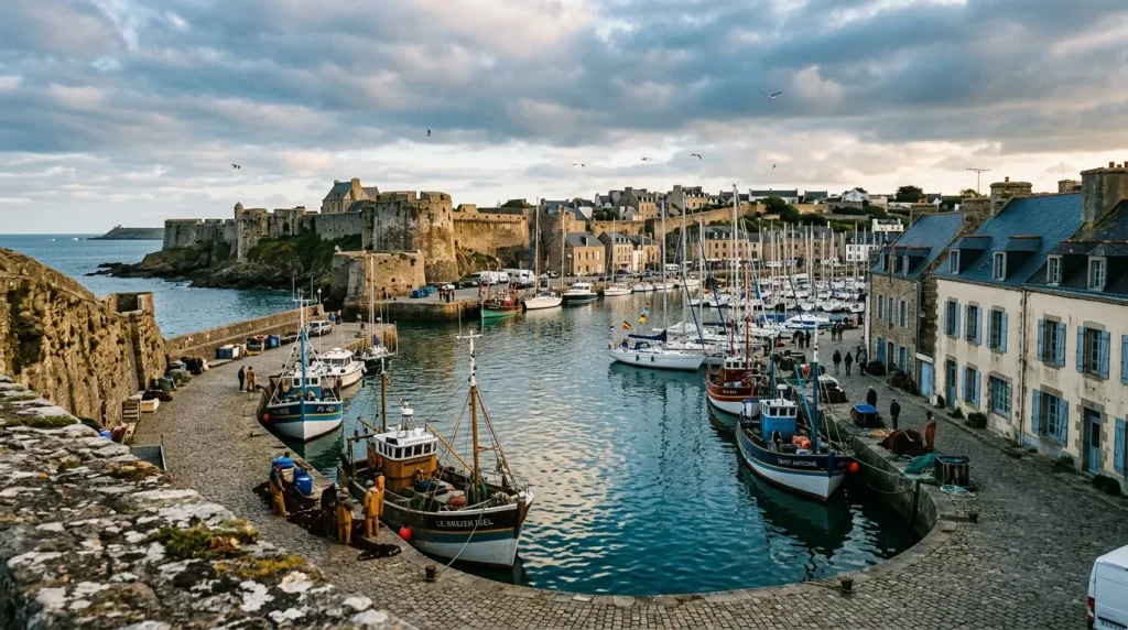 Petit port de pêche breton avec bateaux et château médiéval