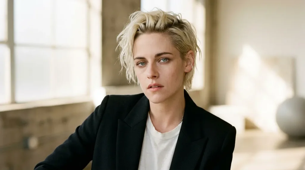 Femme blonde en blazer noir dans un couloir lumineux