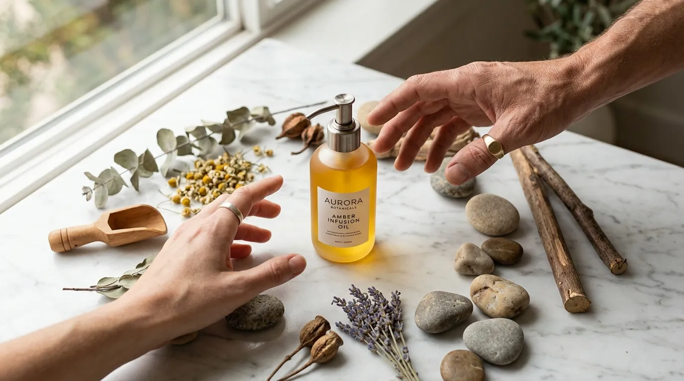 Mains présentant bouteille huile ambre avec ingrédients naturels