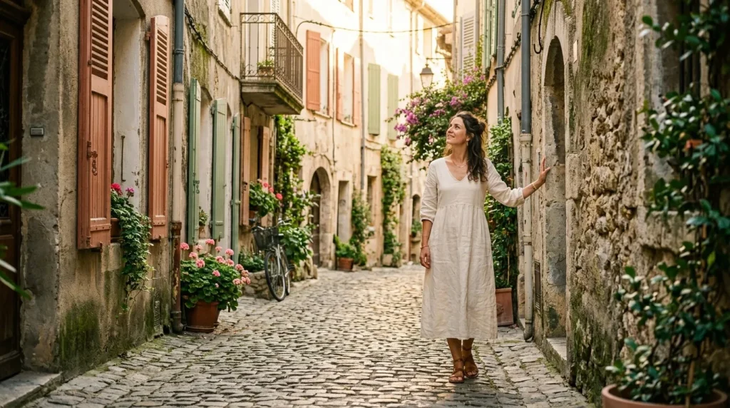 Femme en robe blanche dans une vieille rue pavée méditerranéenne