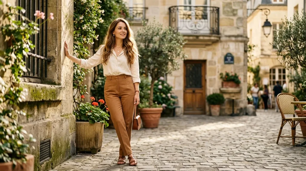 Femme brune en tenue casual dans une cour historique avec fleurs