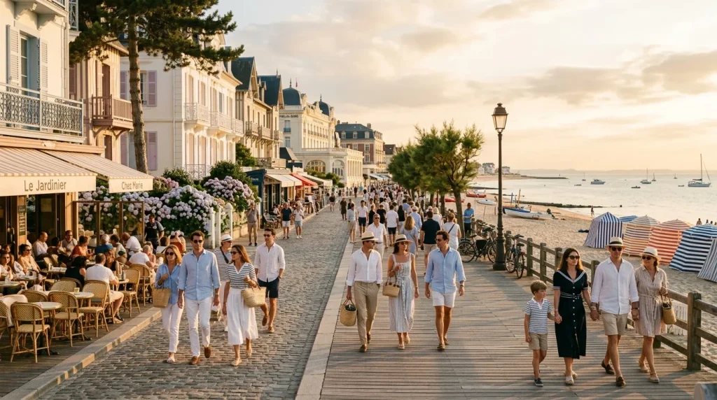 Foule flânant sur une promenade côtière avec plage et bâtiments.