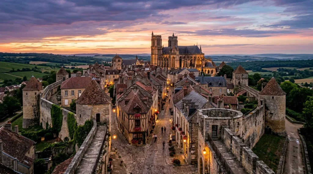 Ville fortifiée médiévale avec cathédrale illuminée au crépuscule