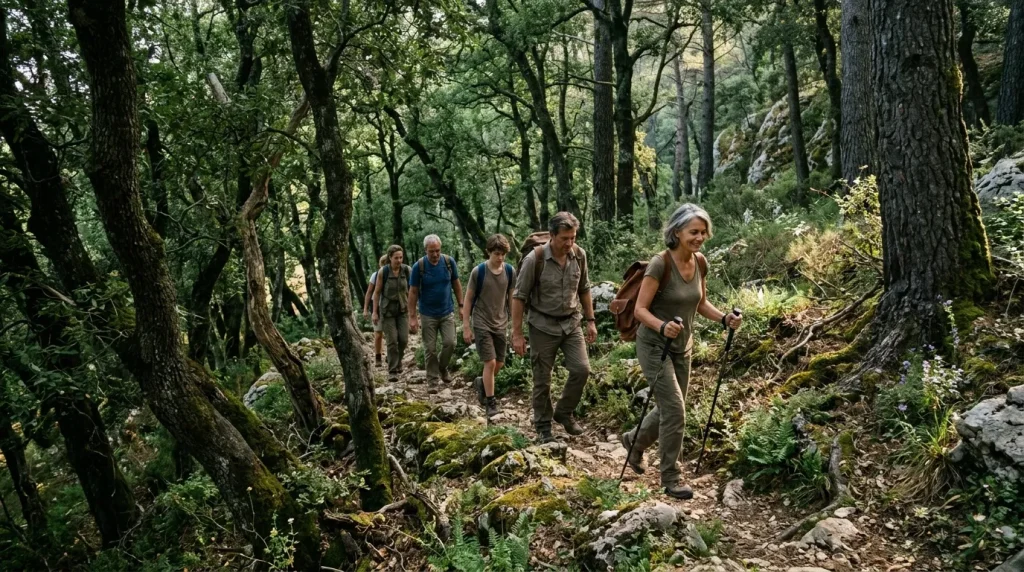 Groupe de randonneurs marchant sur sentier forestier montagneux