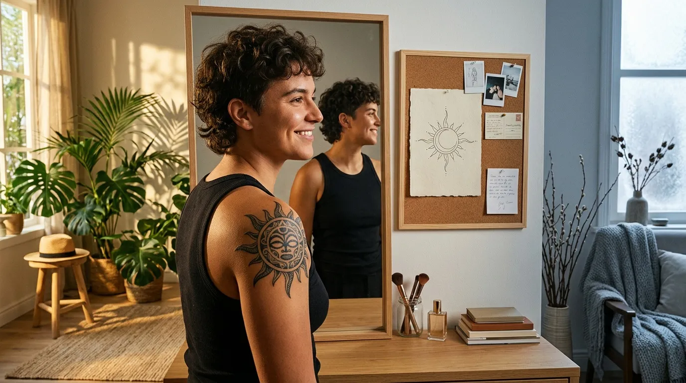 Jeune homme avec tatouage soleil se reflétant dans miroir